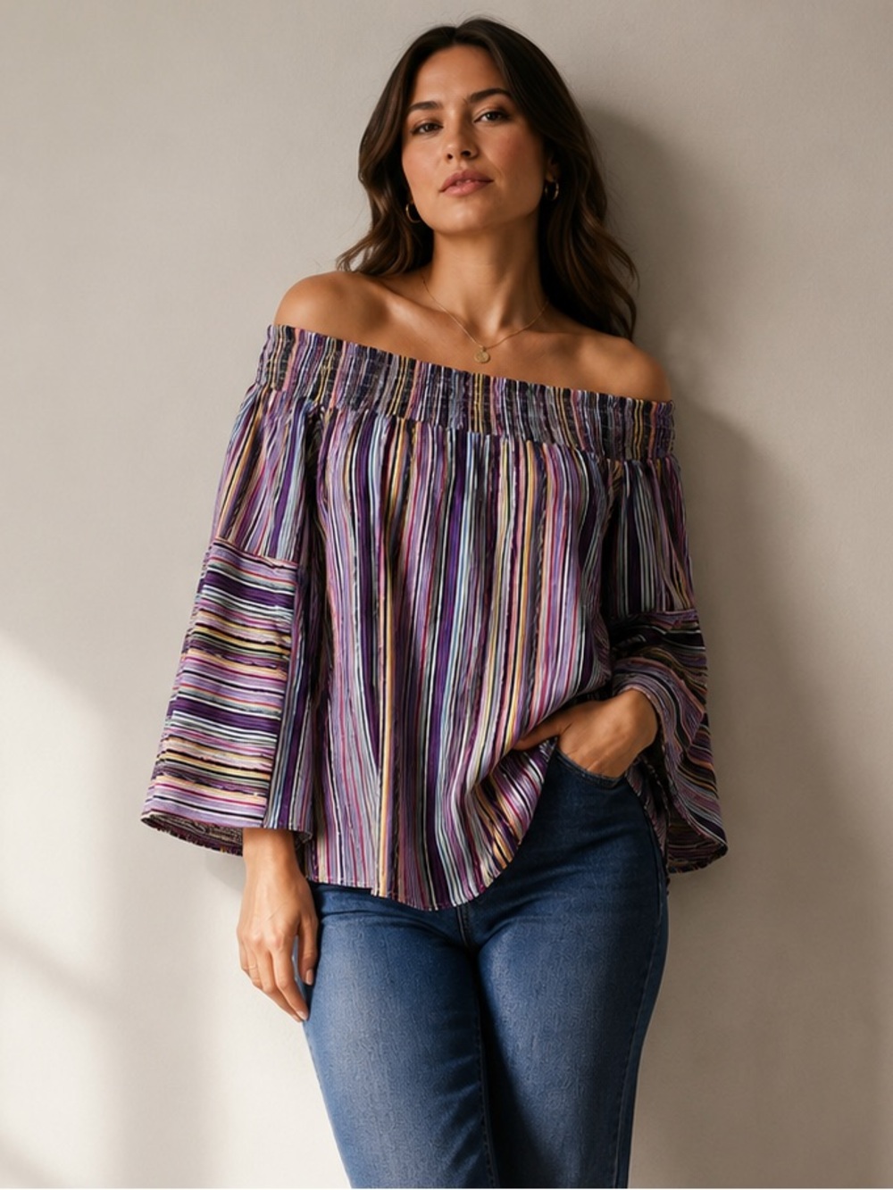 Bar III Off‑Shoulder Multicolor Striped Blouse — NWT
